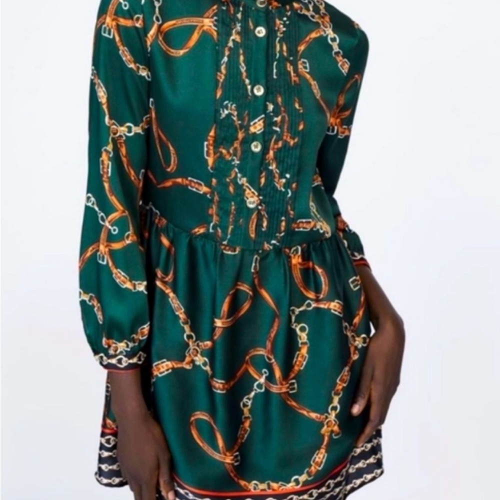 Zara Green Bishop Sleeve Sundress with Mandarin Collar